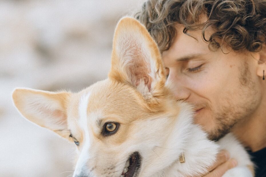 curly-haired-man-hugging-corgi-dog-outside