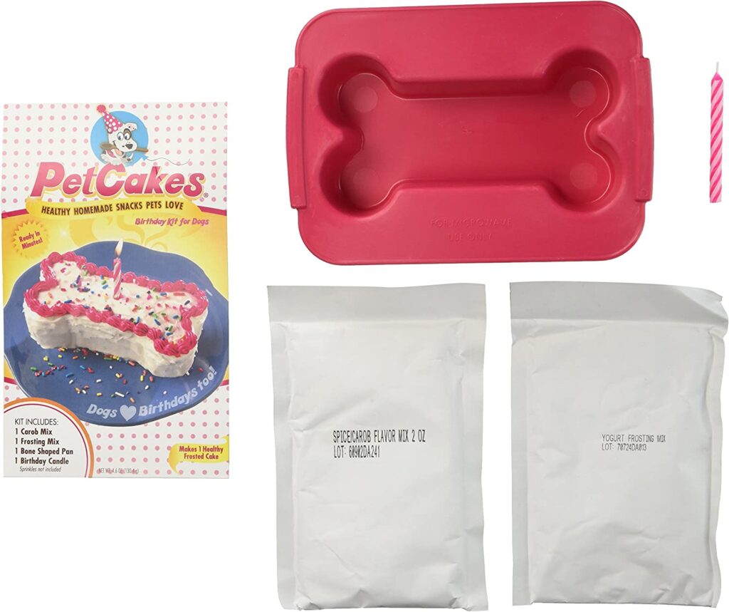 photo-of-birthday-cake-mix-for-dog's-birthday-with-bone-shaped-cake-pan-and-frosting-mix-packet