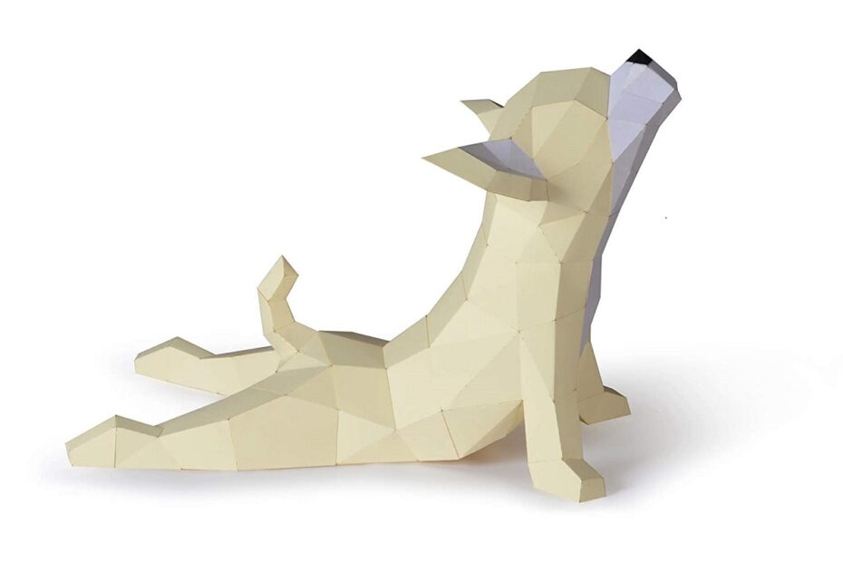 blonde-chihuhua-sculpture-made-out-of-paper-in-an-upward-facing-dog-yoga-pose