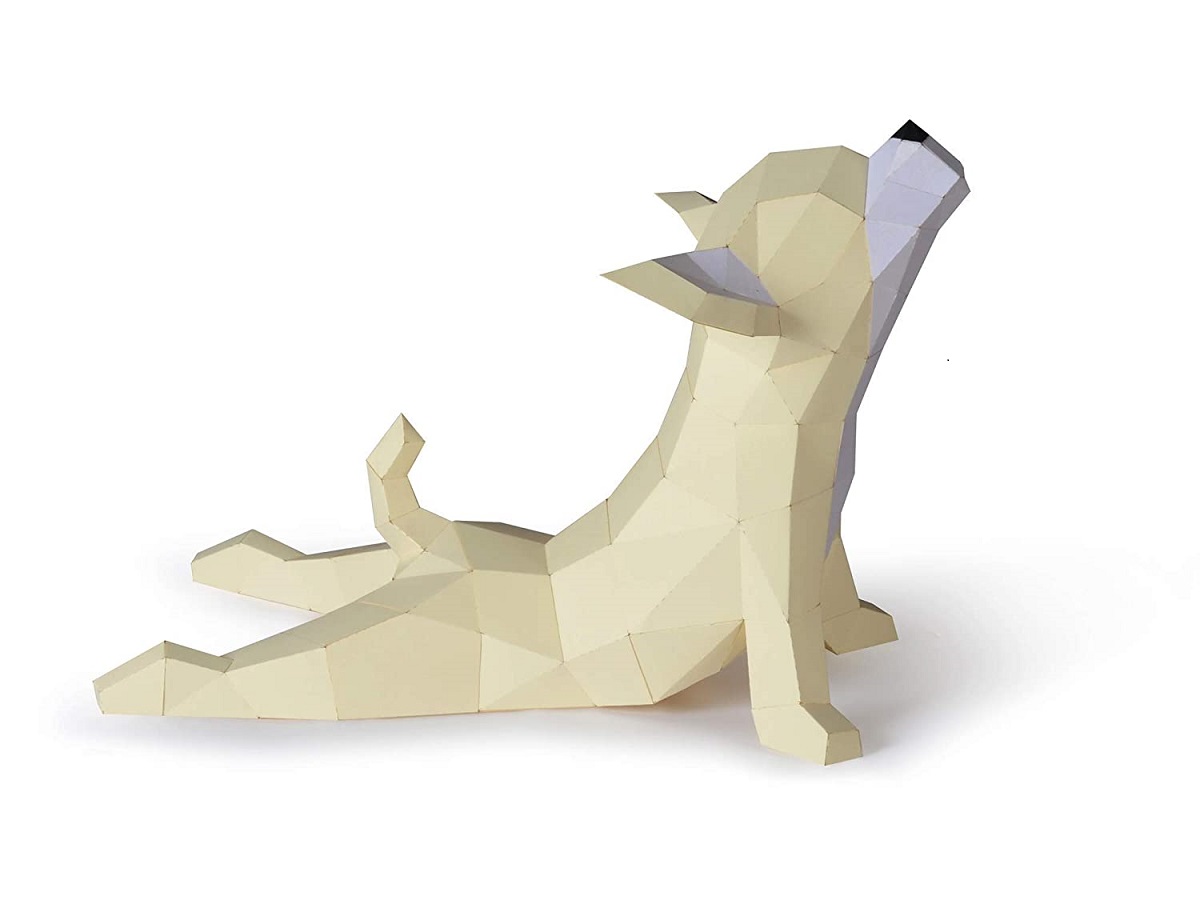 blonde-chihuhua-sculpture-made-out-of-paper-in-an-upward-facing-dog-yoga-pose