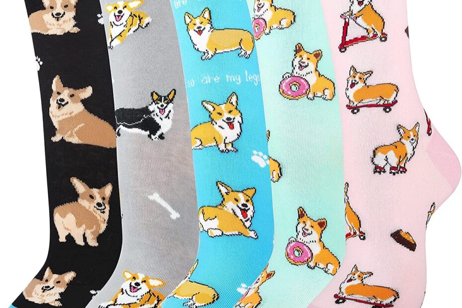 5-pairs-of-brightly-colored-socks-for-women-each-featuring-corgi-dogs-in-funny-and-cute-poses