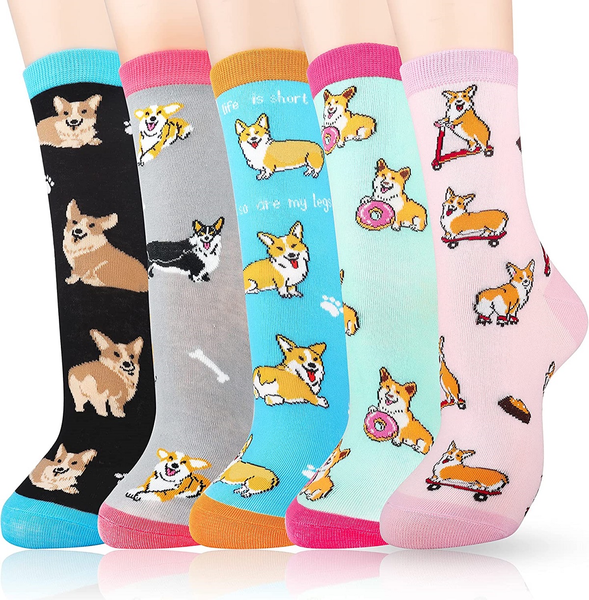5-pairs-of-brightly-colored-socks-for-women-each-featuring-corgi-dogs-in-funny-and-cute-poses